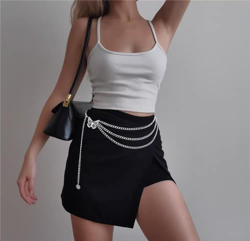 Women Long Tassel Waist Chain Belt Multilayer Body Belly Chain Metal Gold Silver Waist Chain Belt for Women Dress