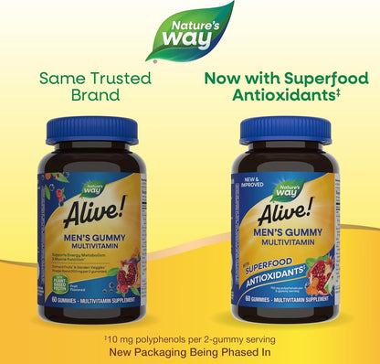 Alive! Men'S Daily Gummy Multivitamin, Supports Energy Metabolism*, Muscle Function*, B-Vitamins, Superfood Antioxidants, Gluten-Free, Vegetarian, Fruit Flavored, 60 Gummies