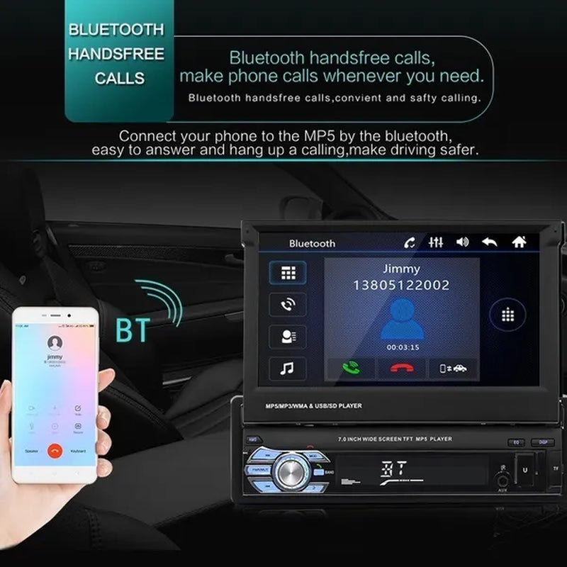 7Inch HD Retractable Touch Screen 1Din Car Stereo Audio Bluetooth Car Radio FM USB Support Mirror Link and Backup Camera(Optional)