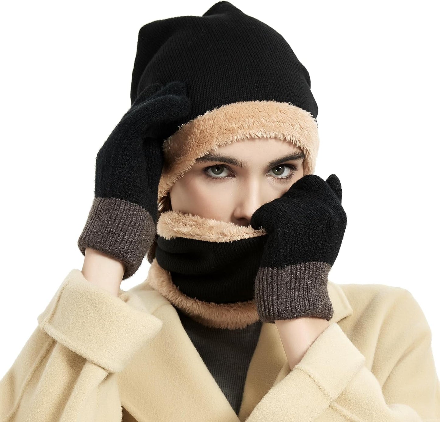 Warm Winter Beanie Hat & Scarf Gloves Set Stylish Knit Skull Cap for Men Women (01 Black)