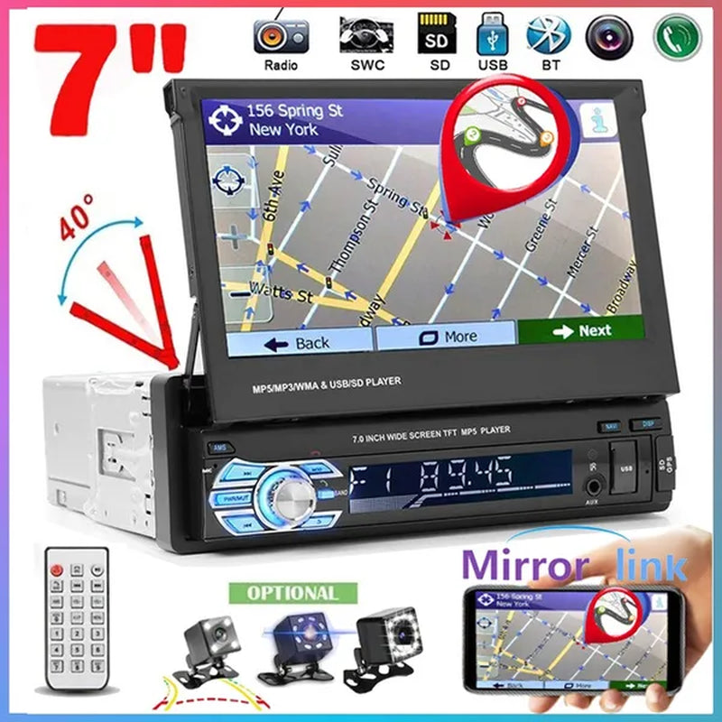 1DIN 7" HD Retractable Touch Screen Car Stereo Audio Bluetooth Car Radio Support Bluetooth/Usb/Aux/Fm/Am Mirrorlink+ SWC+ Rearview Camera (Optional)