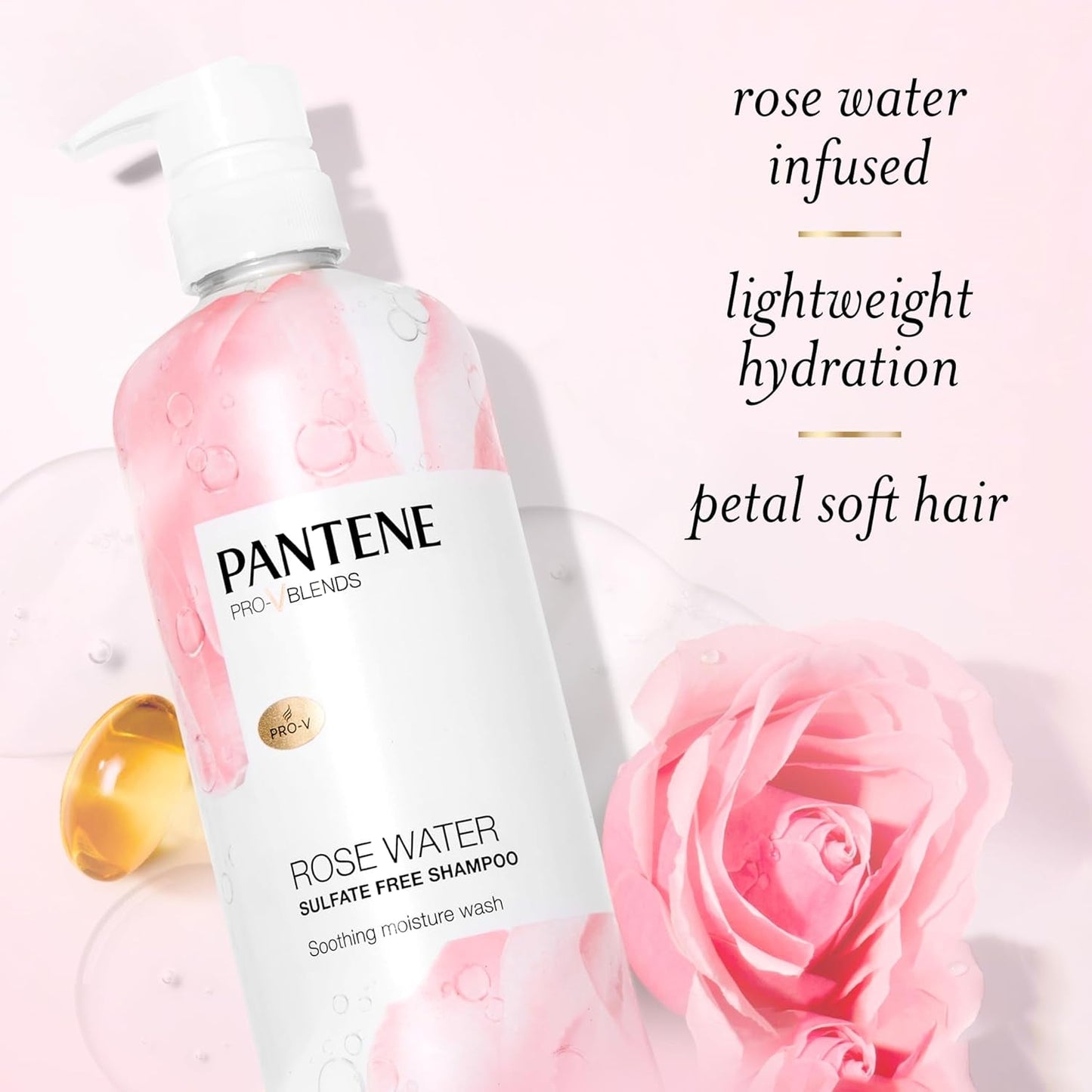 Sulfate Free Rose Water Shampoo, Soothes, Replenishes Hydration, Safe for Color Treated Hair, Nutrient Infused with Vitamin B5 and Antioxidants, Pro-V Blends, 30.0 Oz