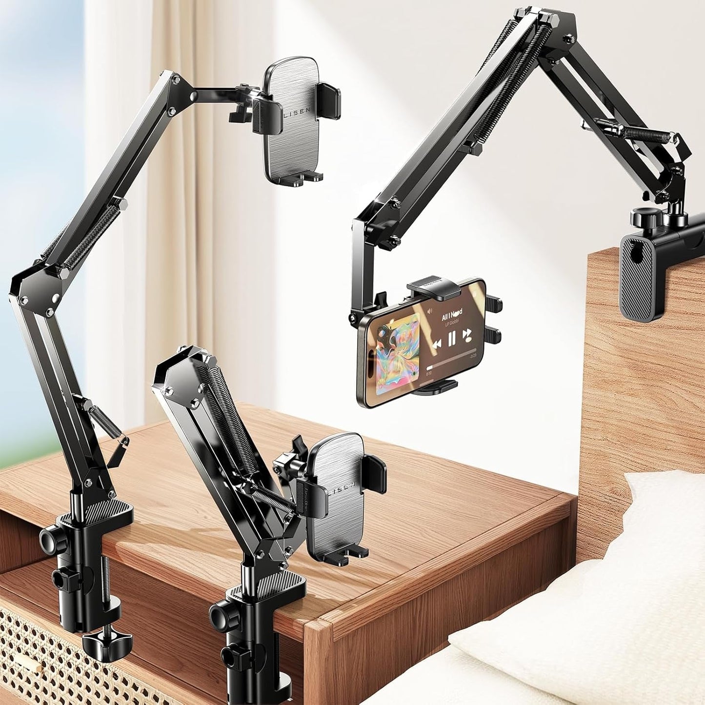 for Gooseneck Phone Holder for Bed Desk [3Rd Upgrade] Cell Phone Stand for Desk Bed Iphone Holder Laying Down,Flexible Arm Clamp Clip Phone Mount Stand for Filming Fits Iphone 15 Max,Silver