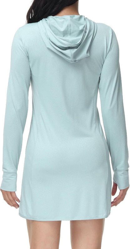 Women'S Long Sleeve Zip Beach Coverup UPF 50+ Sun Protection Hooded Cover up Shirt Dress with Pockets