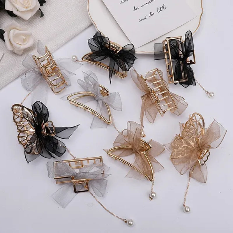 Bow Ribbon Pearl Pendant Tassel Hair Claw Hair Accessories Headdress Metal Grab Clip Hair Clip Shark Clip