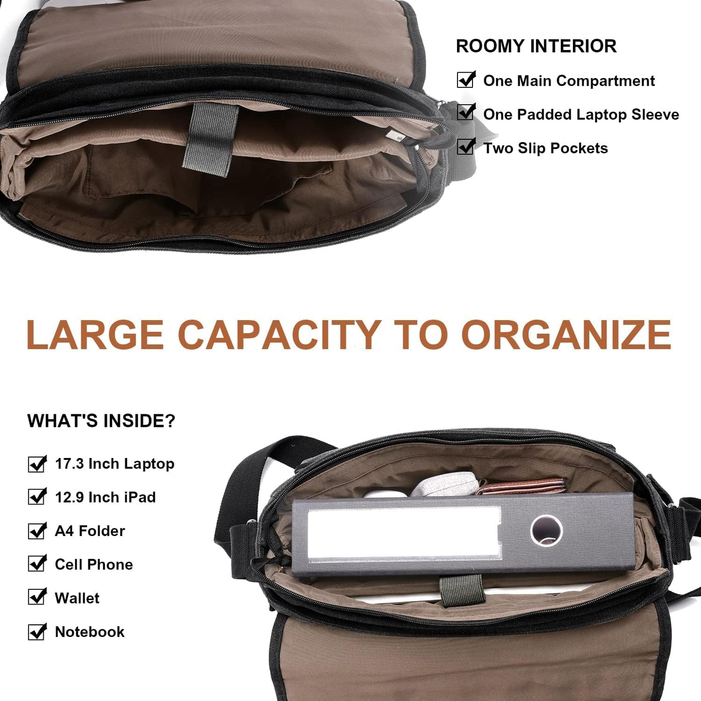 Messenger Bag 17-17.3 Inch, Men'S Computer Bag Water-Resistant Canvas, Teacher Laptop Satchel for Work Office College, Dark Grey