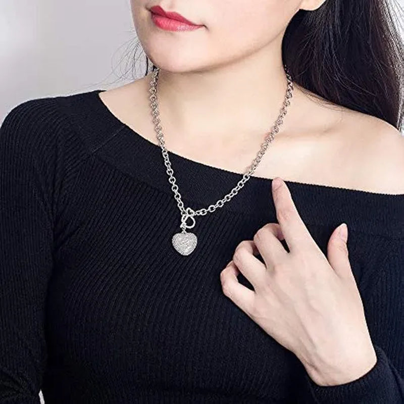 FASHION Women'S 925 Sterling Silver Necklace Noble Heart Pendant Necklace/Bracelet Solid Silver Rolo Chain Birthday Party Jewelry