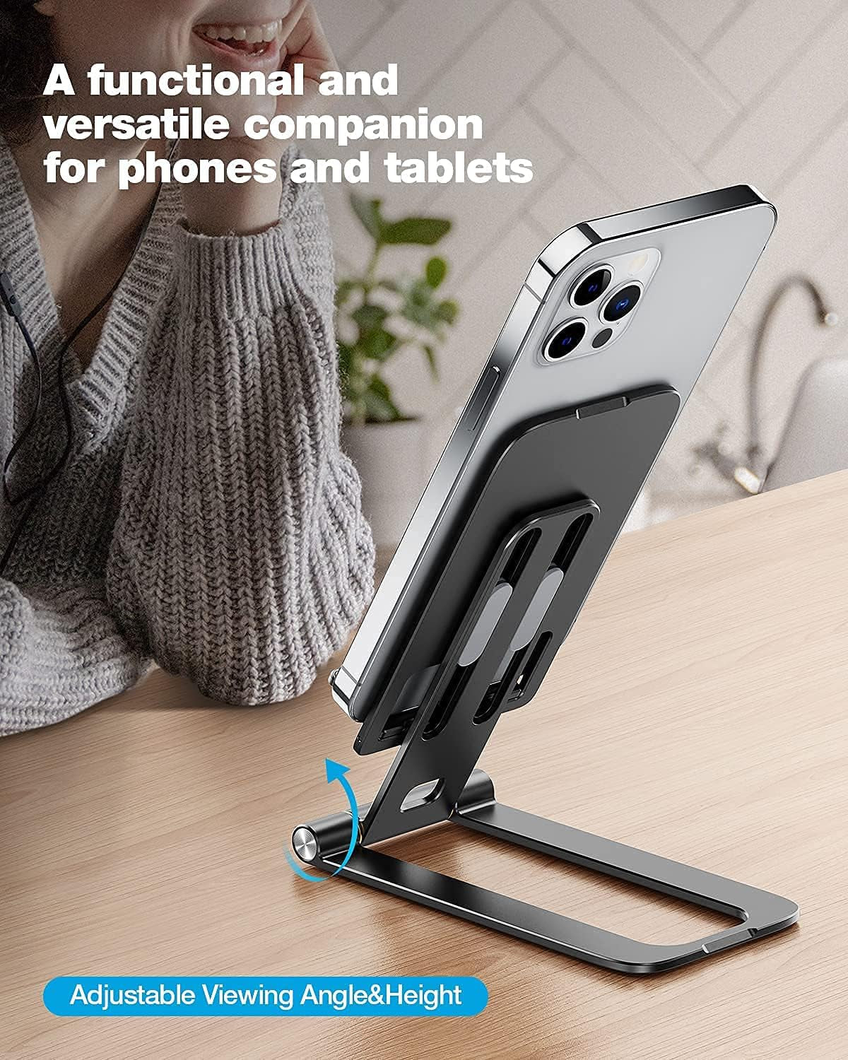 Foldable Aluminum Desktop Phone Stand, Portable Phone Stand, Adjustable Height Phone Holder, Cellphone Cradle Compatible with Iphone Pro/Max/Mini, Samsung Galaxy, Pixel Smartphone