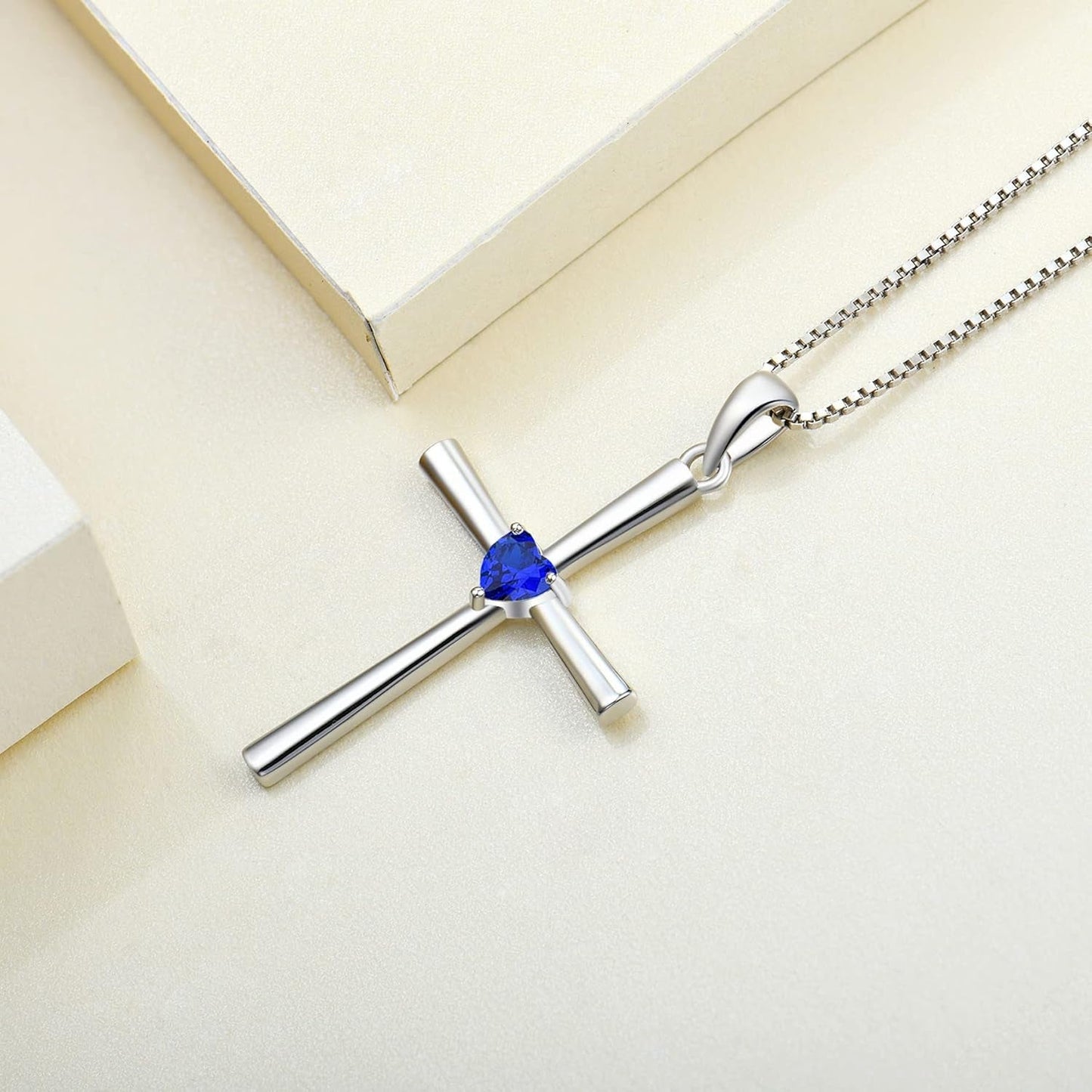 Women'S Cross Necklace 925 Sterling Silver Crucifix Pendant Heart Cut Birthstone Criss Jewelry