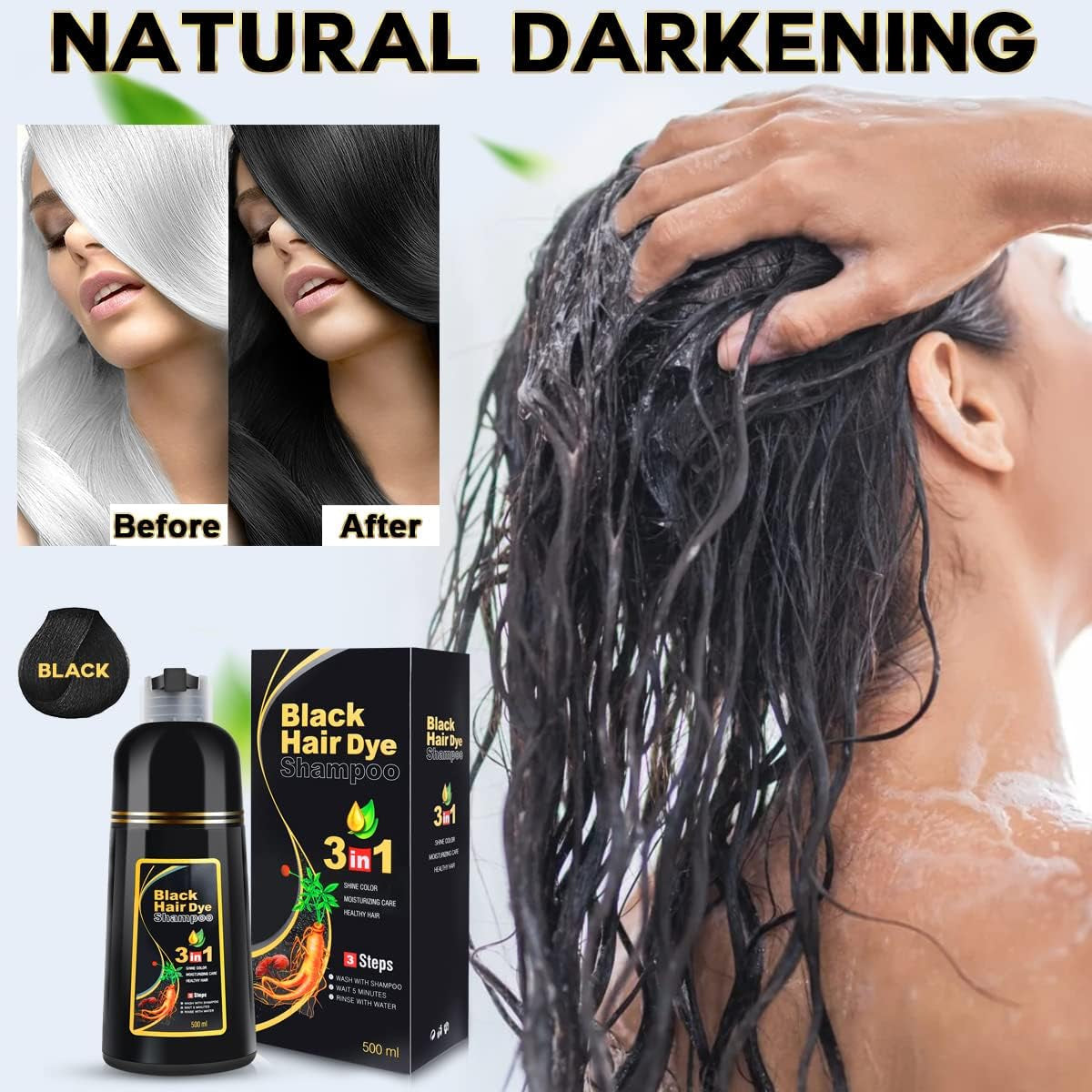 Black Hair Dye Shampoo 3 in 1 for Women/Men for Gray Coverage Instant Hair Color Shampoo Natural Herbal Semi Permanent Champu Para Cana