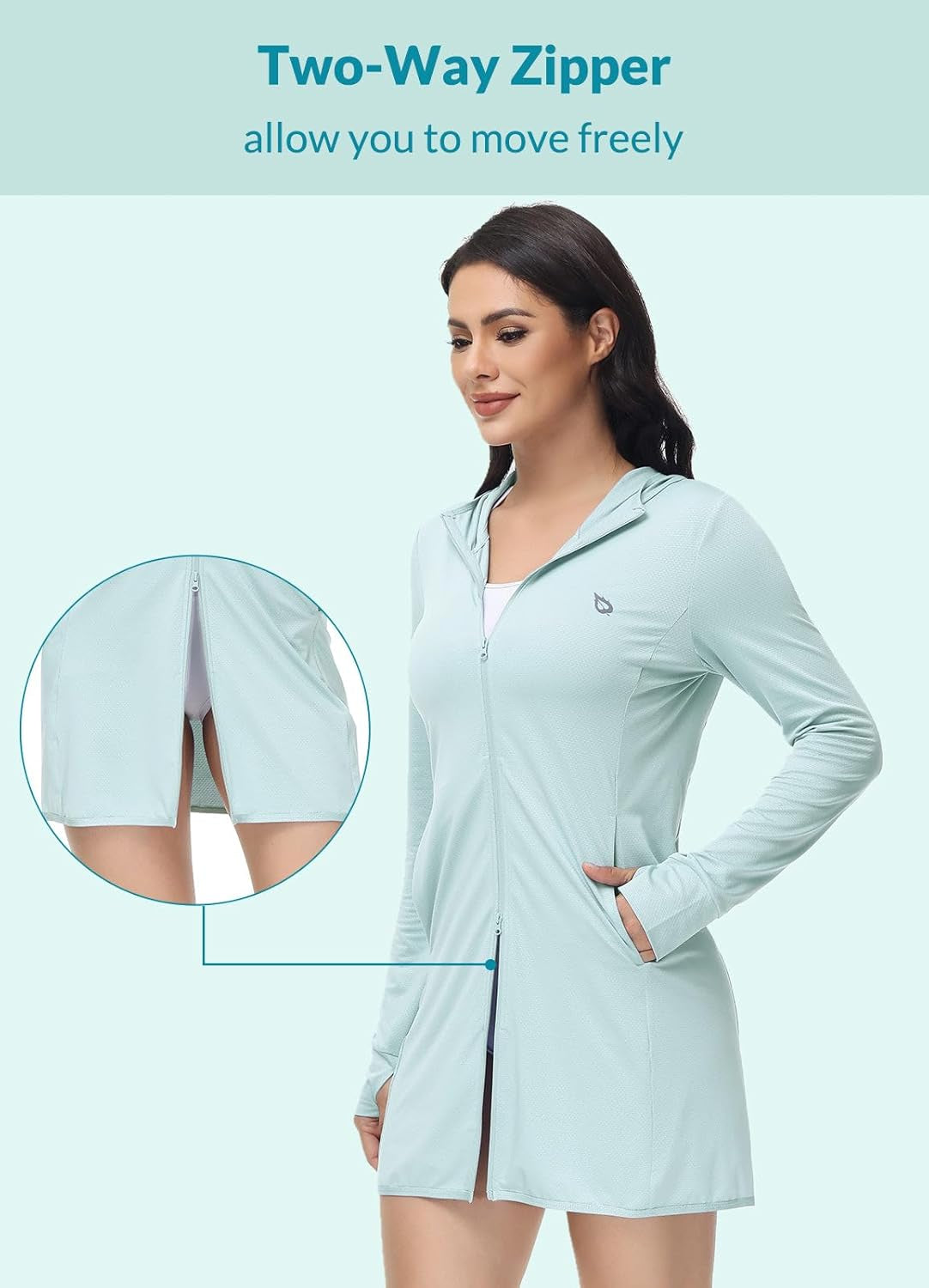 Women'S Long Sleeve Zip Beach Coverup UPF 50+ Sun Protection Hooded Cover up Shirt Dress with Pockets