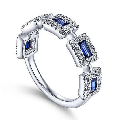 New Fashion 925 Solid Silver Pave Setting Diamond Blue Sapphire Rings for Women Bridal Engagement Wedding Ring Proposal Gift