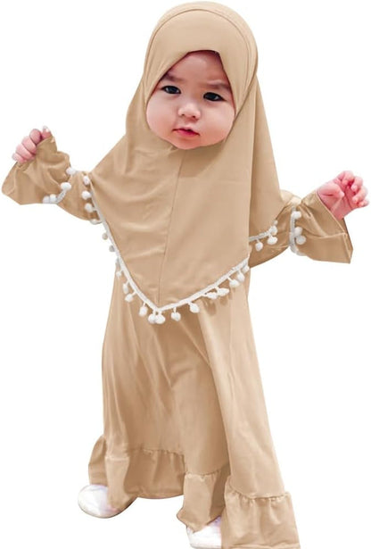 Newborn Infant Baby Girls Prayer Dress Muslim Clothes for Toddler Kids Long Sleeve Abaya with Hijab Two Piece Set