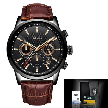 2019 LIGE New Fashion Gift Men Watch Leather Analog Quartz watches  Waterproof Chronograph Watch Sport Date Watch