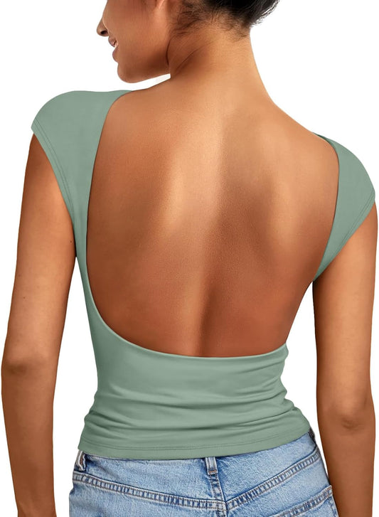Womens Backless Tops Open Back Shirts Summer Crop Shirts Short Sleeve Cute Clothes Y2K Clothing 2025