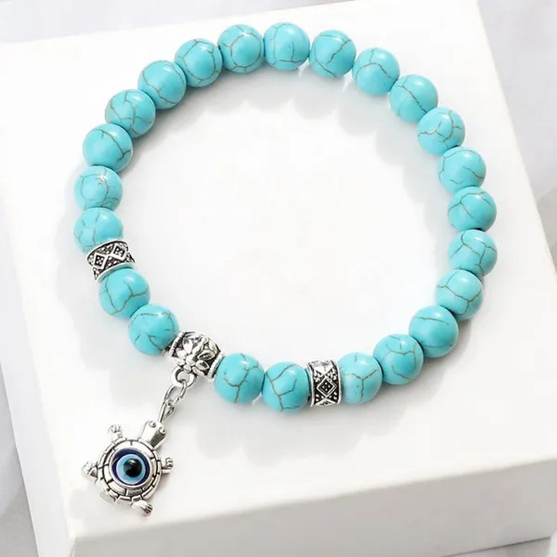 Turkey Evil Eye Beaded Bracelets Butterfly Buddhist Palm Hand Owl Turtle Alloy Pendant Bracelet Women Men Lucky Stretch Bangles Jewelry