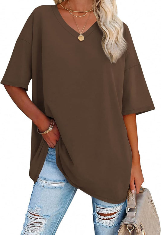 Womens Summer Oversized Shirts V Neck Business Casual Workout Tops Beach Vacation 2025 Gym Clothes