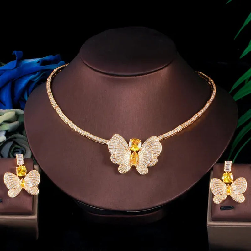 CANDICE Statement Citrine Butterfly Design Pendant Earrings Choker Necklace Micro CZ Temperament Luxury Jewelry Set Dress Accessories