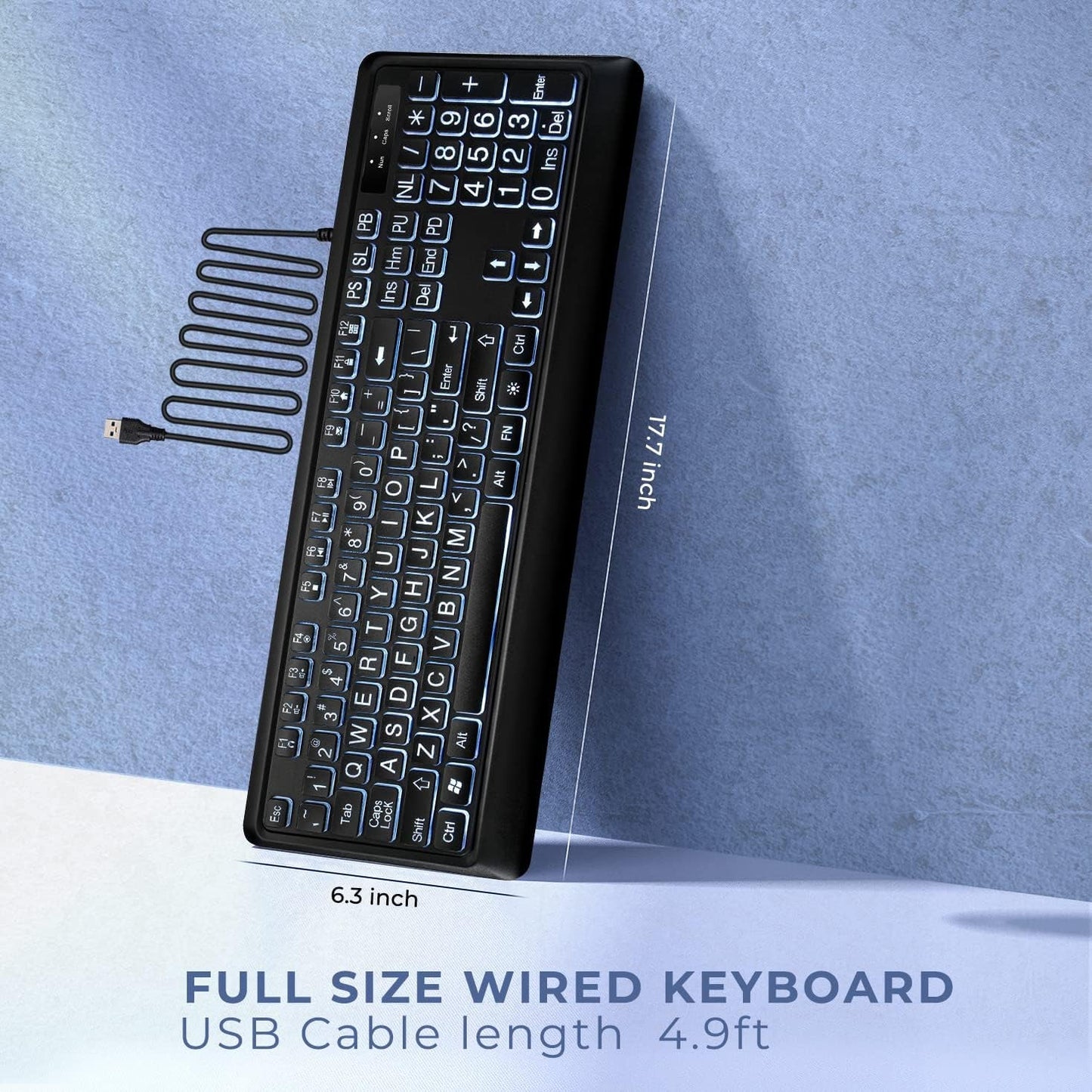 Large Print Backlit Keyboard, Quiet USB Wired Computer Keyboard, Full Size Keyboard with White Illuminated LED Compatible for Windows Desktop, Laptop, PC, Gaming, Black