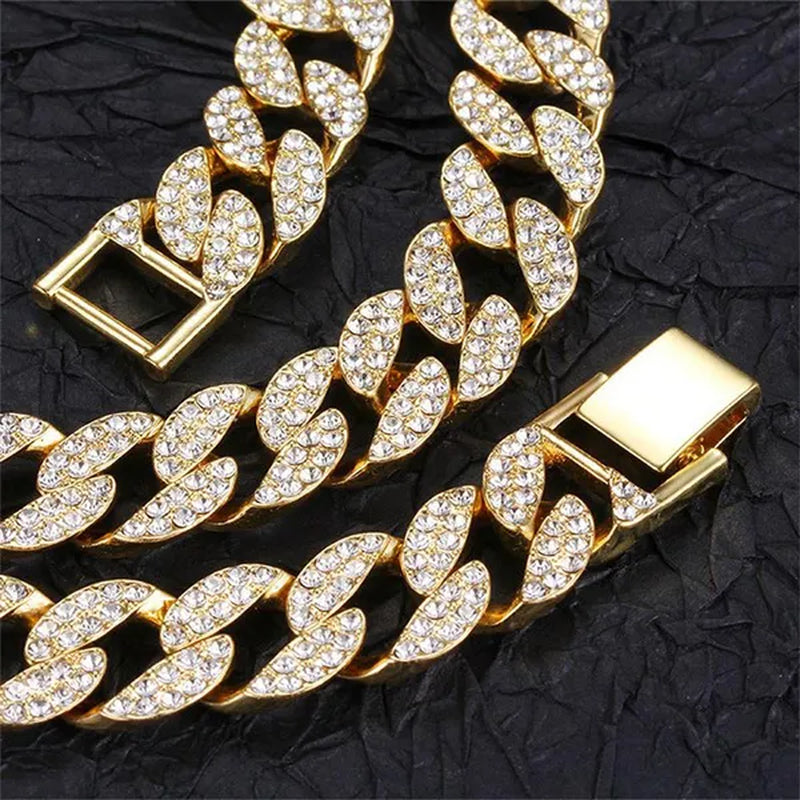 2 Pcs/set Luxury Full Iced Out Watch Mens Cuban Link Chain Bracelet Watch Bling Jewelry for Men Big Gold Chains Hip Hop Men Watch Set