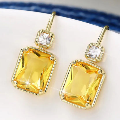 Trendy Square Cut Citrine Earrings for Women Yellow Gold Plated Gemstone Hook Drop Earrings Jewelry Gift