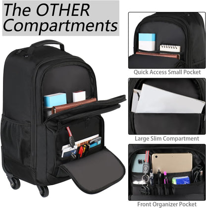 Rolling Backpack with 4 Wheels, 17 Inch Roller Travel Laptop Backpack for Women Men, Large Water Resistant Business Wheeled Bag, Airline Approved Carry on Luggage Suitcase Bag, Black