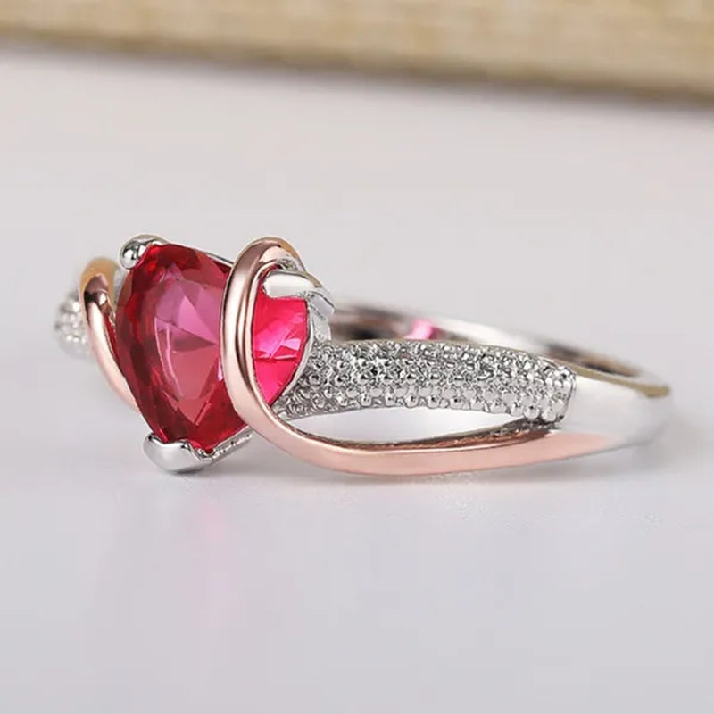 Trendy Gold Silver Two Tone Silver Plated Heart Ruby Micro Pave Lab Diamond Rings for Women Romantic Wedding Fine Jewelry