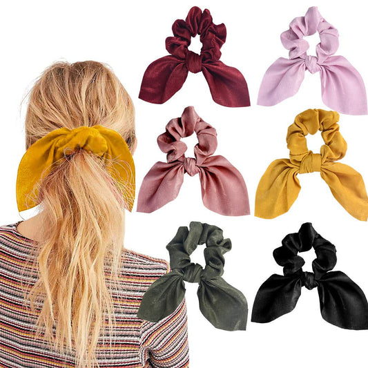 6PCS Hair Scrunchies Satin Silkrabbit Bunny Ear Bow Bowknot Scrunchie Bobbles Elastic Hair Ties Bands Ponytail Holder for Women Accessories 01 Classic Color