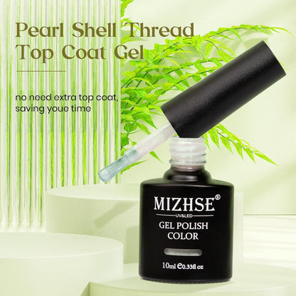 Pearl Top Coat Gel Nail Polish, Mermaid Glitter Nail Gel Polish 2-IN-1 Shiny Shell Thread Drawing Soak off UV LED Nail Gel for Nail Salon Home DIY Manicure 1PC 10Ml
