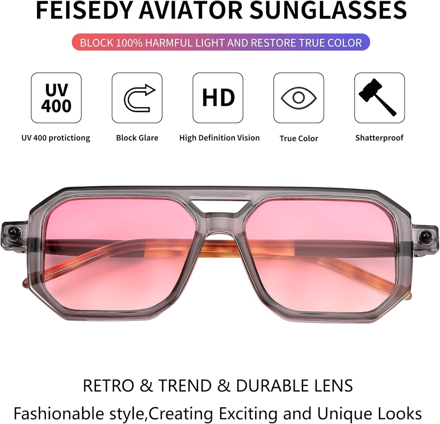 Vintage Square 70S Flat Aviator Sunglasses Women Men Classic Retro Stylish Frame UV400 Sunglasses B2622