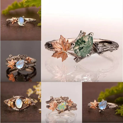 Vintage Maple Leaves & Flower Ring Set Antique Silver Women'S Fashion Twig Leaf Opal & Moonstone Ring Anniversary Gift Engagement Bridal Wedding Jewelry Rings Size 5-10