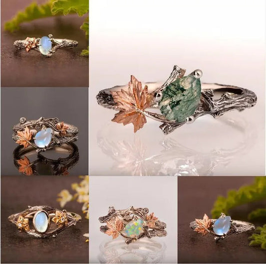 Vintage Maple Leaves & Flower Ring Set Antique Silver Women'S Fashion Twig Leaf Opal & Moonstone Ring Anniversary Gift Engagement Bridal Wedding Jewelry Rings Size 5-10