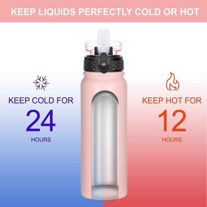 Kids Water Bottle with Straw Spout Wide Mouth Lid 20 Oz Double Walled Metal Insulated Stainless Steel Water Bottles Leak Proof with Strap Handle for Boys Girls School (Pink, 1 Lid）