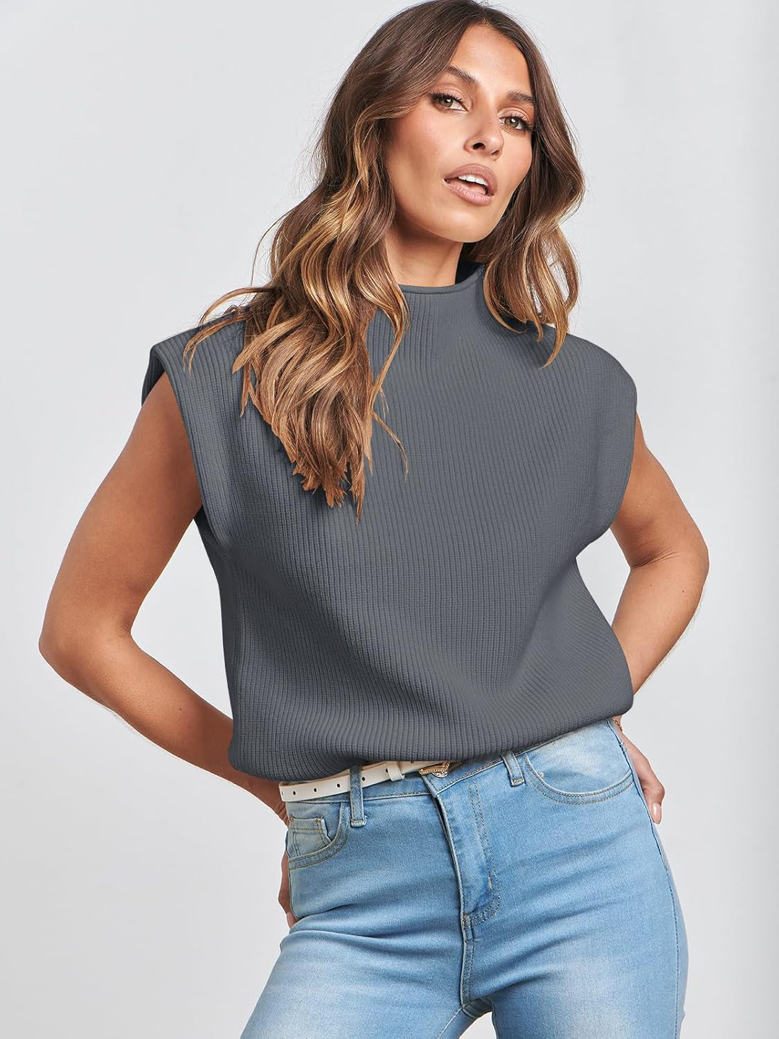 Women'S Mock Neck Sleeveless Sweater Vest Casual Cap Sleeve Knit Pullover Tank Tops 2025 Spring Summer Clothes