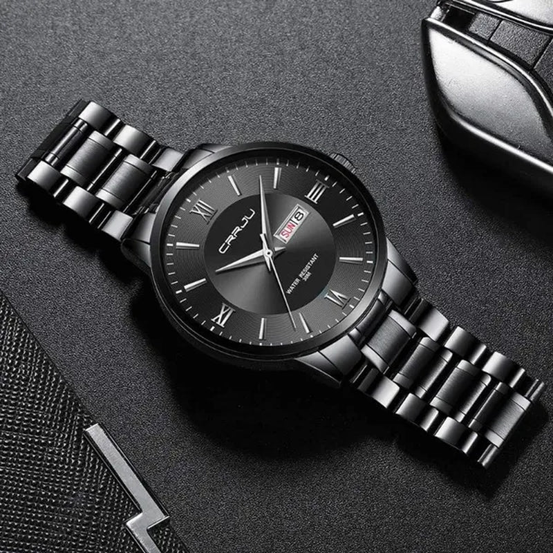 CRRJU Men's Minimalist Leisure Luxury Automatic Dating Watch Fashion Business Japanese Movement Quartz Waterproof Watch Men's Silver Stainless Steel Watch Band
