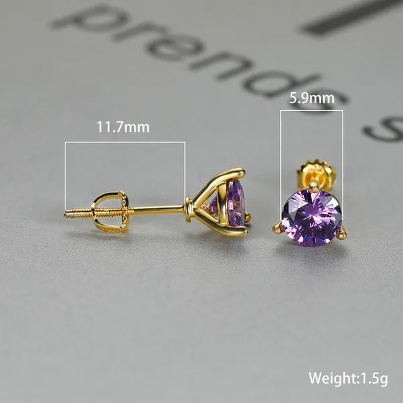 Chic 18K Gold Three-Prong Martini Round Amethyst Stud Earrings Bride Wedding Engagement Jewelry Gifts 6mm/7mm/8mm