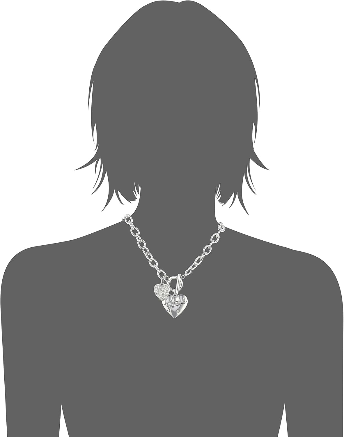 "Basic Silver Logo Heart and Pave Heart Toggle Pendant Necklace