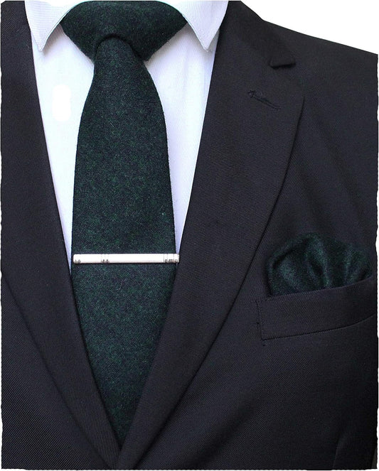 Solid Color Cashmere Wool Necktie and Pocket Square Tie Clip Sets for Men