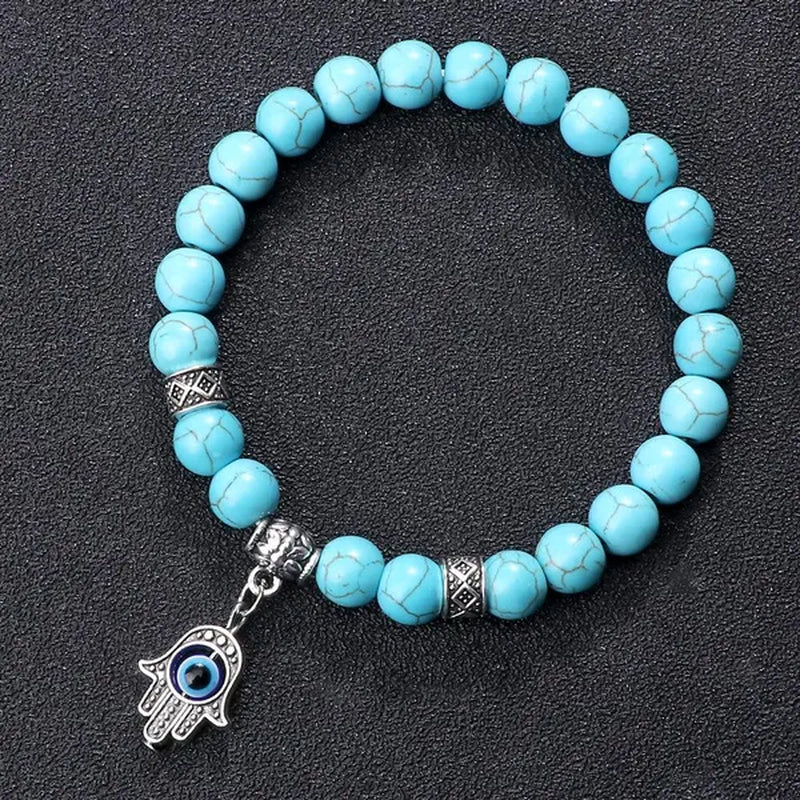 Turkey Evil Eye Beaded Bracelets Butterfly Buddhist Palm Hand Owl Turtle Alloy Pendant Bracelet Women Men Lucky Stretch Bangles Jewelry