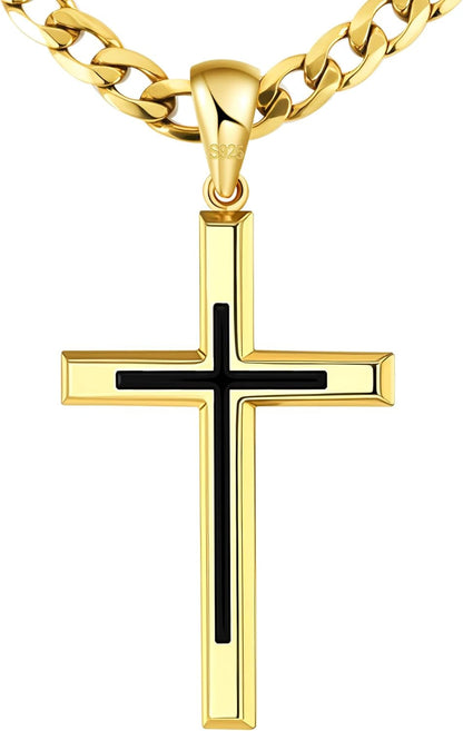 925 Sterling Silver Cross Necklace for Men Women，Black Cross Necklaces with 4.5MM Durable Stainless Steel Cuban Link Curb Chain，18K Gold over Real Silver Cross Pendant Necklace 16-28 Inches
