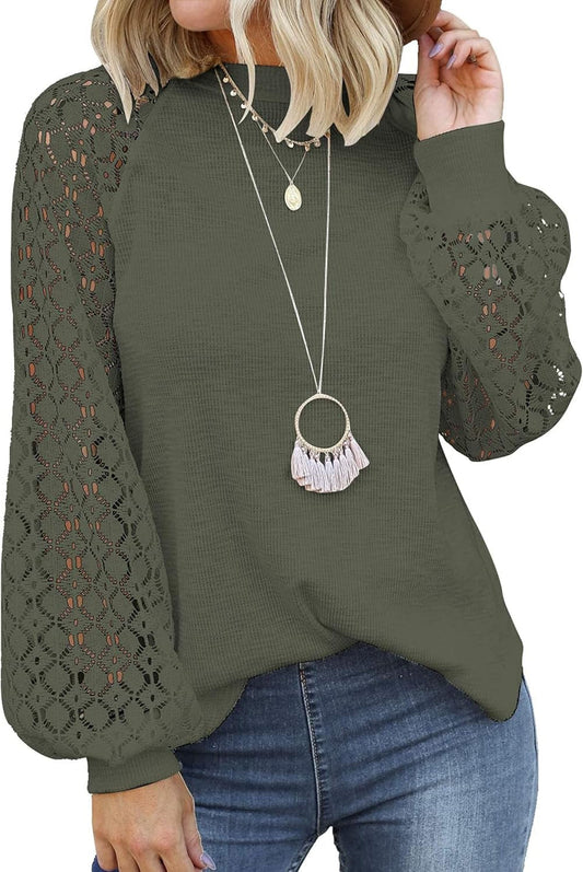 Women’S Long Sleeve Tops Lace Casual Loose Blouses T Shirts