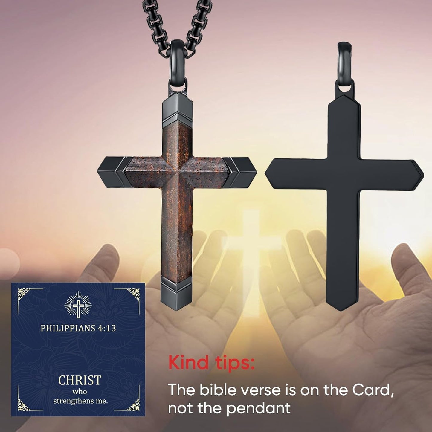 Wooden Cross Necklace for Men : 24'' Strong Chain Wood Christian Crosses Pendant,Silver/Black/Gold Plated Stainless Steel Religious Crucifix,Premium Gift for Him,Son,Husband,Boyfriend,Birthday