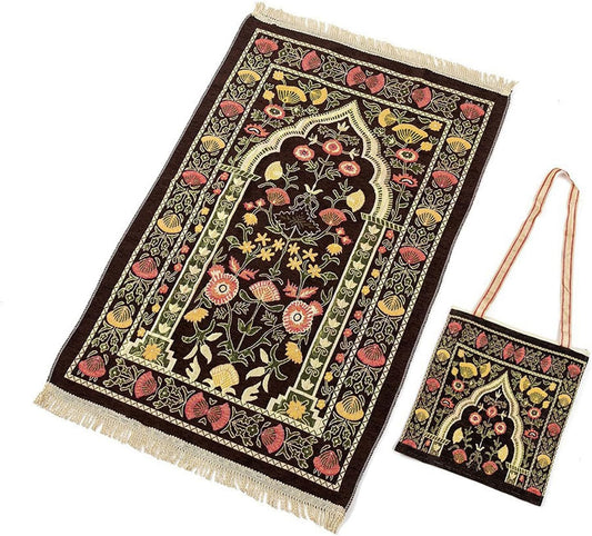 Portable Muslim Prayer Rug Bag Set, Traditional Floral Islam Prayer Mat Carpet with Tassels Home Travel Folable Ramadan Praying Mat Namaz Rug Eid Islamic Rug for Kids Men Women
