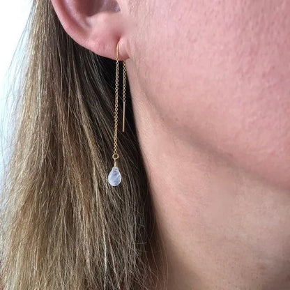 Moonstone Threader Earrings, Rainbow Moonstone Earrings, Minimalist Jewelry, Pull Through Chain Ear Threader, Summer Earrings, Gift for Her