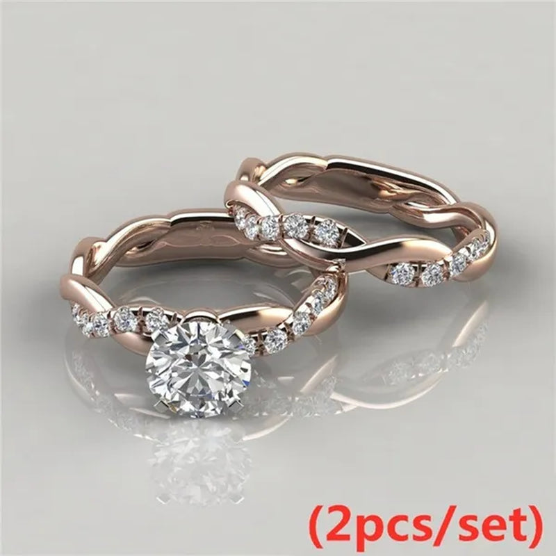 Women's Dainty  Twist Round Cut White Sapphire Ring Set Bridal Engagement Diamond Ring Wedding Band Anniversary Gift Banquet Party Jewelry Ring Size 5-11