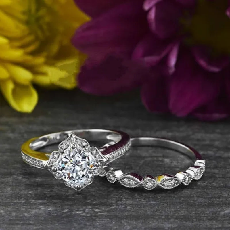 Exquisite Romantic 925 Standard Sterling Silver Fancy Engagement Princess Wedding Ring Love Diamond Set Size 6-10