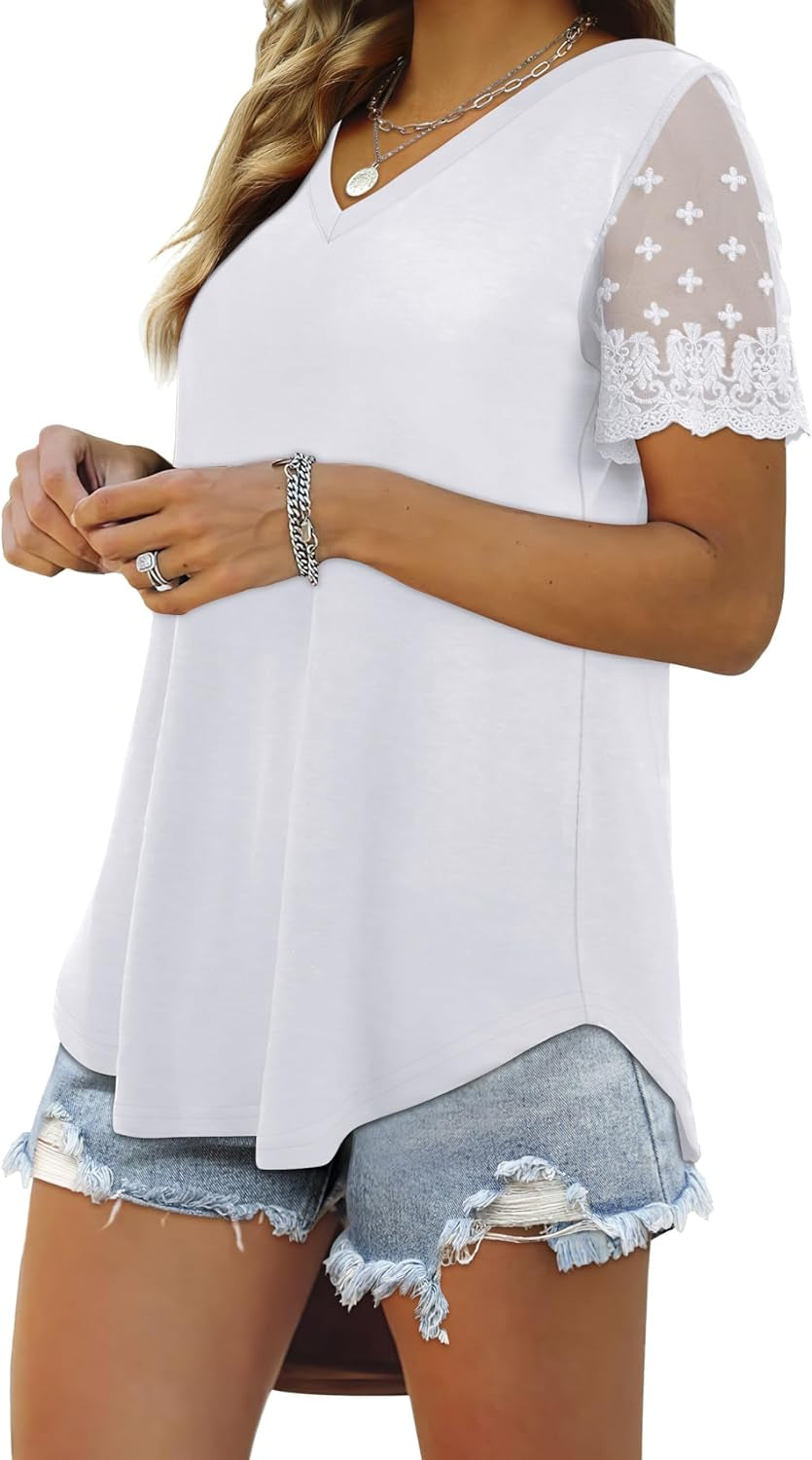 Casual V Neck T Shirts for Women Lace Short Sleeve Curved Hem Tops Loose Fit