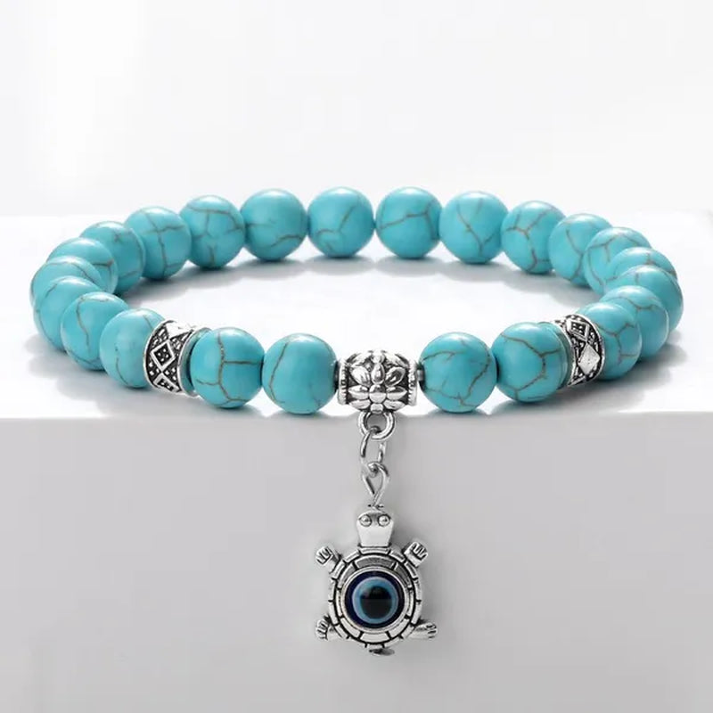 Turkey Evil Eye Beaded Bracelets Butterfly Buddhist Palm Hand Owl Turtle Alloy Pendant Bracelet Women Men Lucky Stretch Bangles Jewelry