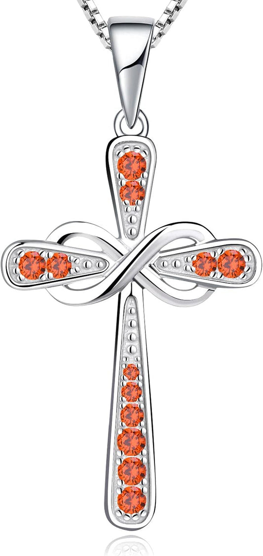 Women'S Cross Necklace 925 Sterling Silver Infinity Pendant Birthstone Criss Jewelry