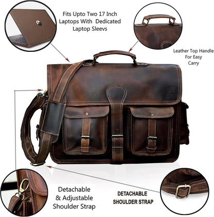 Leather Briefcase Work Bag for Men Women Dark Brown Crossbody Genuine Leather Satchel Office Bag for Men Women 18 Inch Computer Travel Messenger Laptop Shoulder Bag Cureo